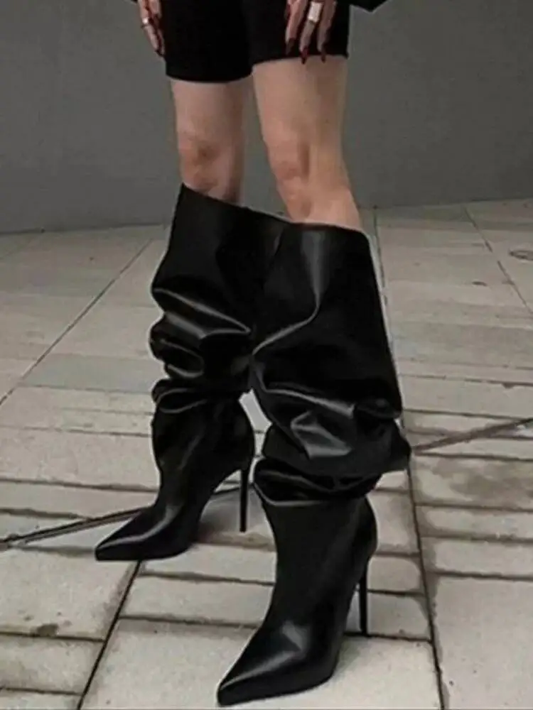 

2025 Women's High Heel Knee High Boots Black Wide Calf Retro American Style Pointed Toe Stiletto Heel Slouchy Biker Boots