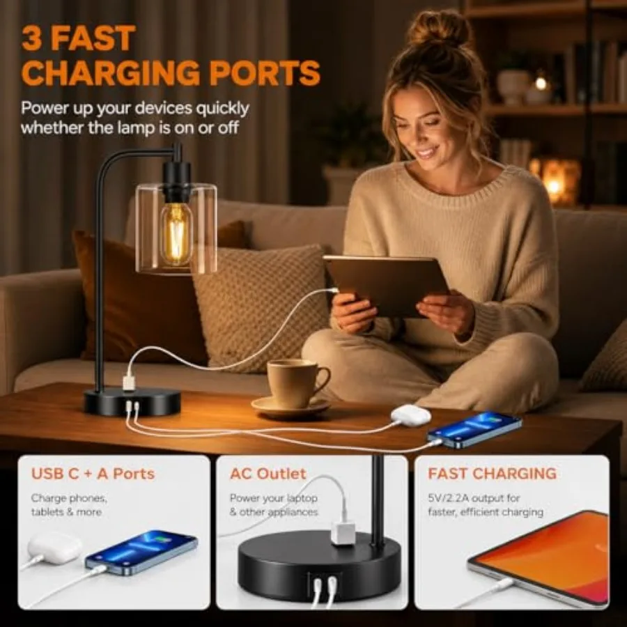 Set of 2 Industrial Touch Control Table Lamps with USB C+A Ports and AC Outlet - 3-Way Dimmable Black Bedside Lamps Nightstand - view 4