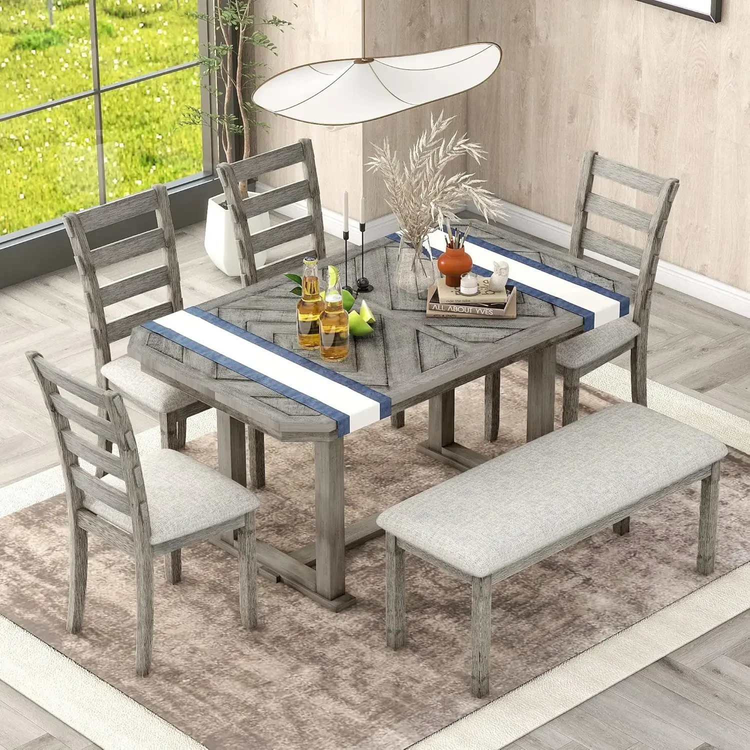 6-Piece Rubber Wood Dining Table Set with 4 Cushioned Chairs and Bench, Beautiful Wooden Grain Pattern Tabletop, Grey