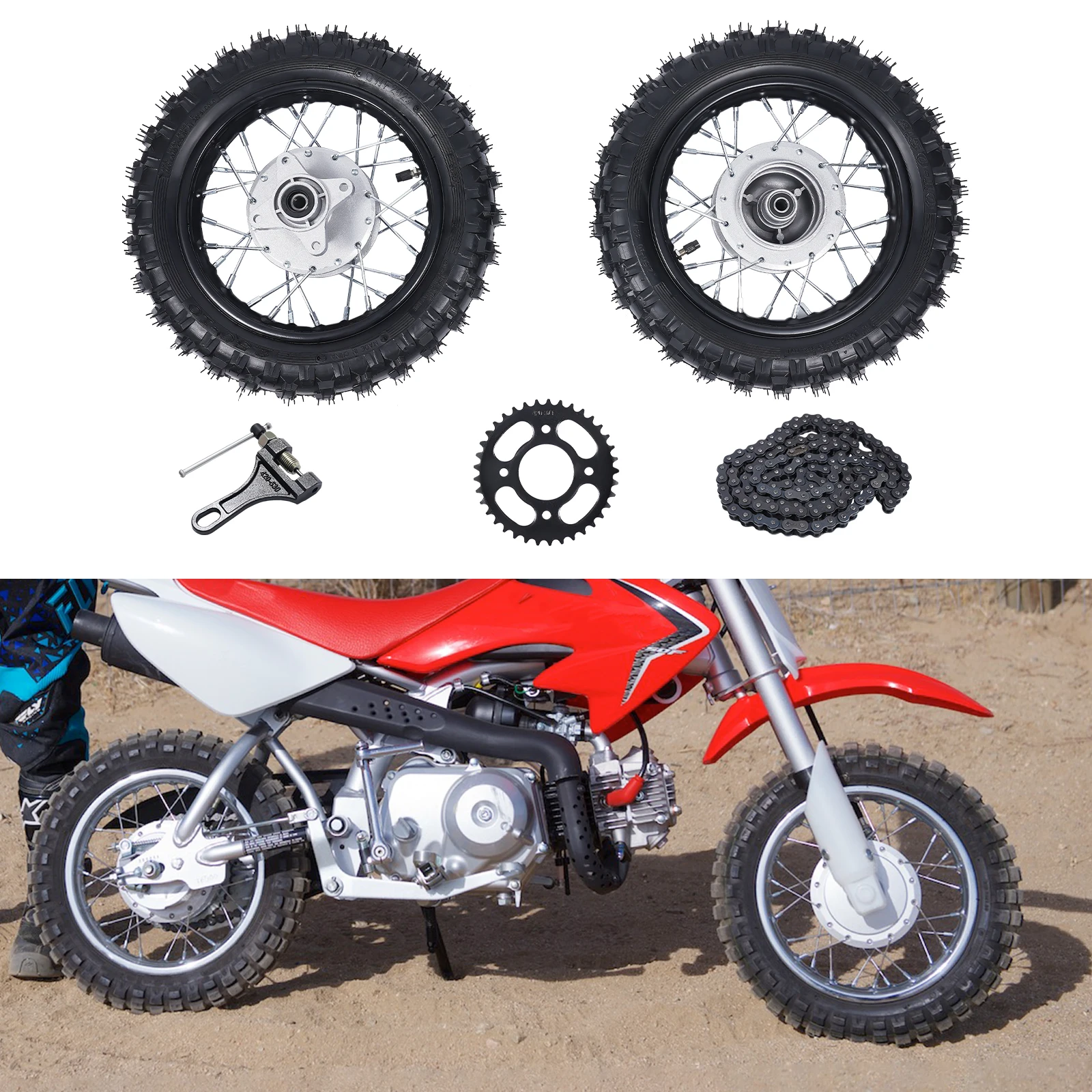 Front & Rear Wheel with Chain Plate Set Compatible with Honda CRF50 XR50 BBR KLX Dirt Bikes Professional Motorcycle Accessories