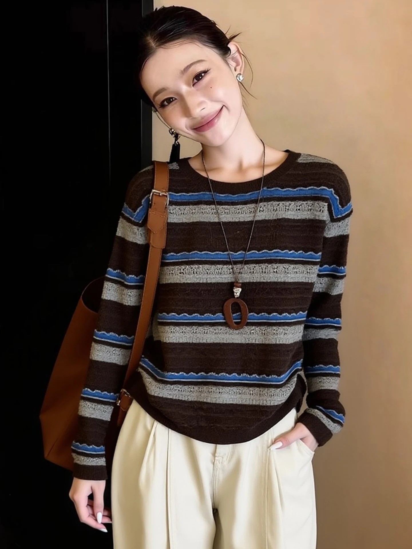 Chic Color Block Long Sleeve Knitted Top Casual Soft Comfortable Women's Fashion Design Korean Style Commute Soft Striped Tunic