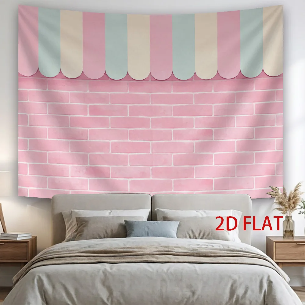 Pastel Pink Brick Tapestry, Colorful Striped Scallop Awning Design,Sweet Photo Backdrop Print Wall Hanging for Living Room Decor