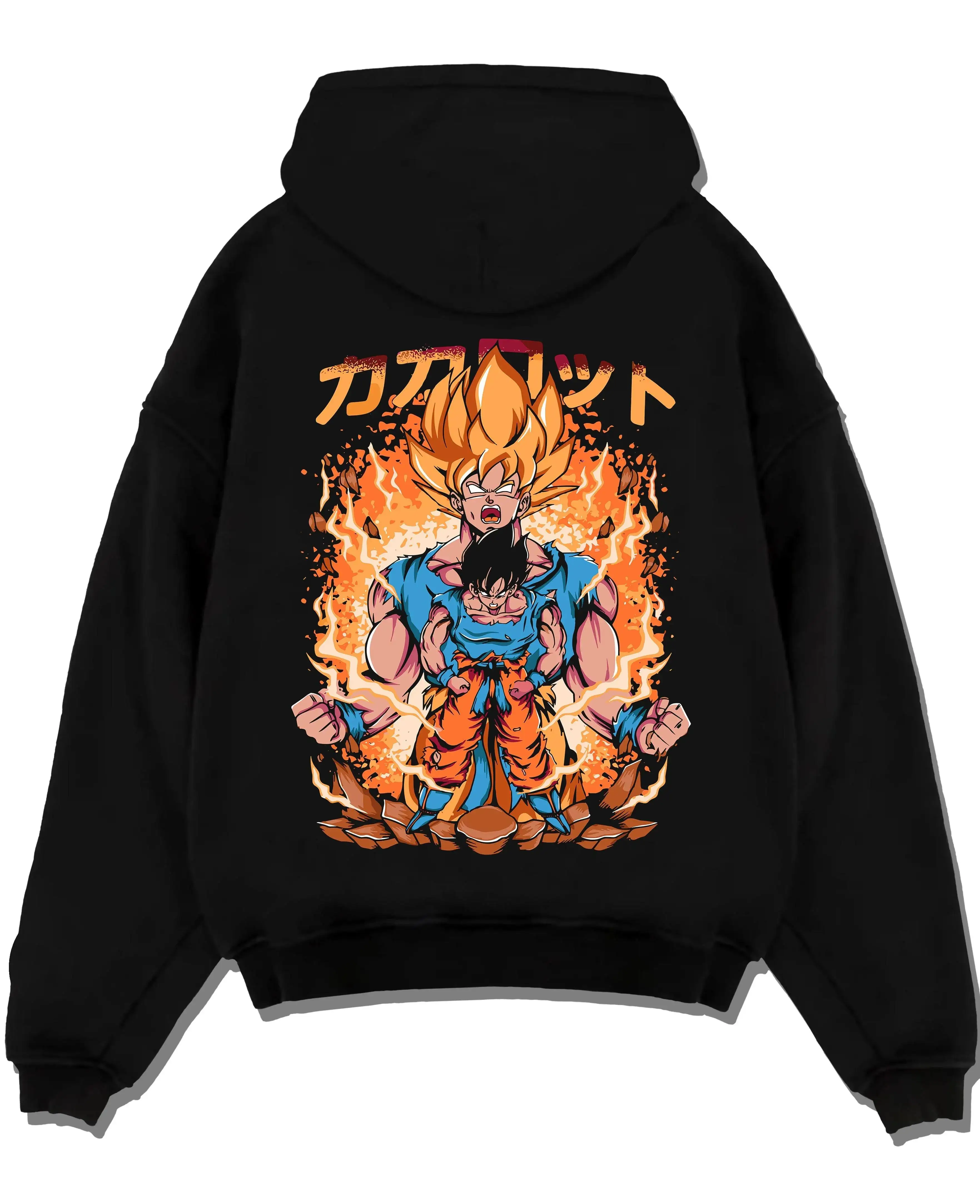 Dragon Ball Anime Goku Vegeta Sudadera con capucha negra Super Saiyan Battle Print Diseño de texto japonés Sudadera estilo Manga con llama