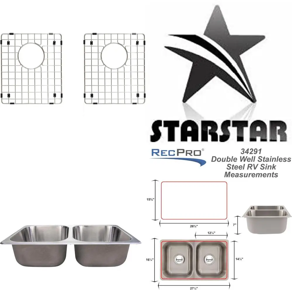 حوض مطبخ مزدوج من الفولاذ المقاوم للصدأ مع شبكات سفلية، 17 × 14 بوصة، تصميم 50/50 #1