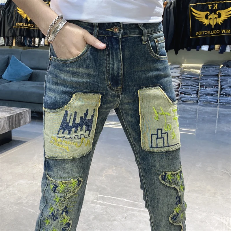 Autumn Fashion Mens Jeans Brand Jeans Hombre Streetwear Patchwork Embroidery Jeans Trend Small Leg Pants Vaqueros Hombre 2024