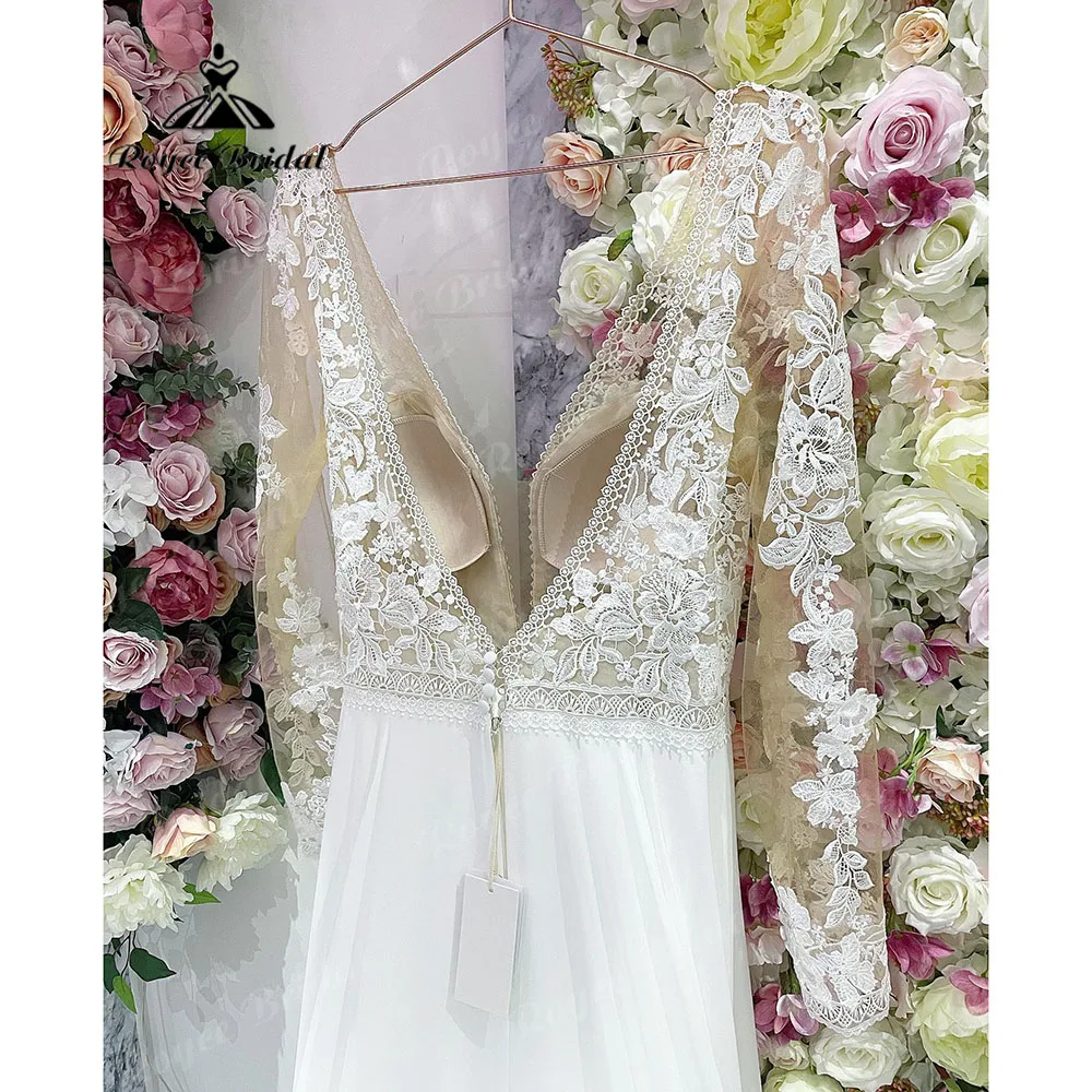 Plunging Lace Chiffon Boho Long Sleeve Wedding Dress with V Neck Backless 2024 Summer Bridal Gown abito da sposa Roycebridal