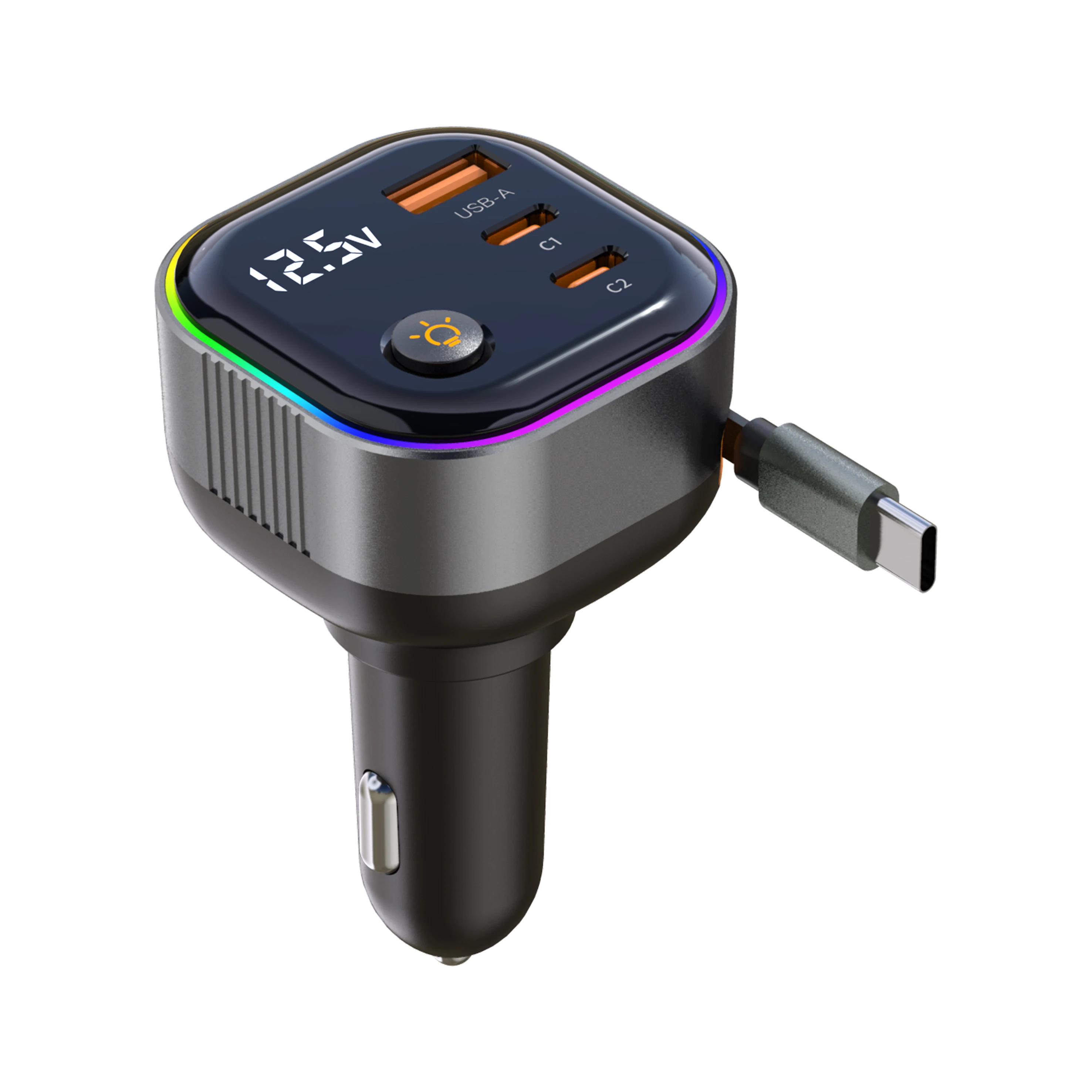 Car mobile phone charger fast charging universal express PD65W with built-in retractable cable voltage display car charger