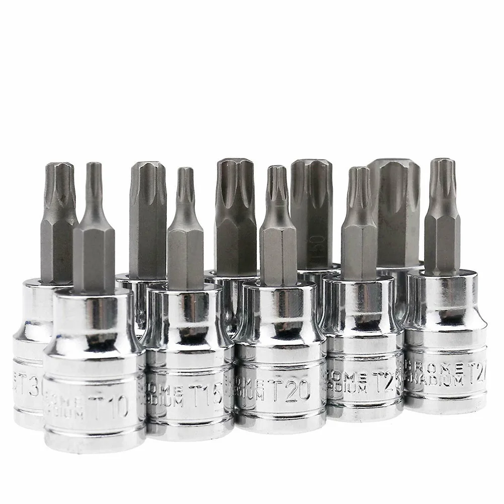 10PCS Bit Socket T10- T55 for torx Star Bit Socket Set 3 8 Drive For any 3 8 drive ratchet or extension Repair tool view 2