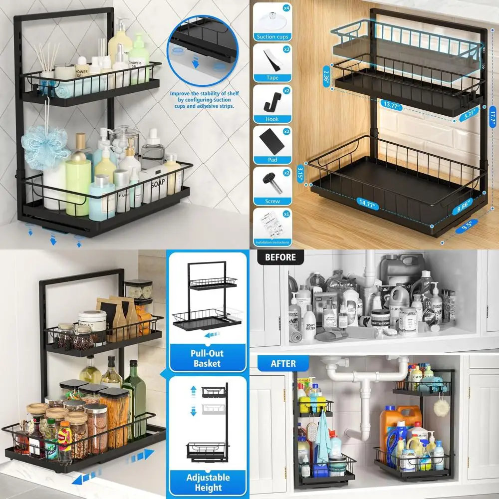 

Двухуровневые стеллажи для хранения под раковиной, металлические органайзеры из 2 предметов для кухни и ванной комнаты, выдвижные ящики для эффективного пространства.