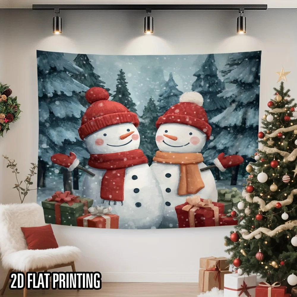 2D Flat Print 1pc Tapestry, Two Cute Snowmen With Gifts Forest Wall Hanging, Christmas Tapestry, Bedroom Decor, Room Accent