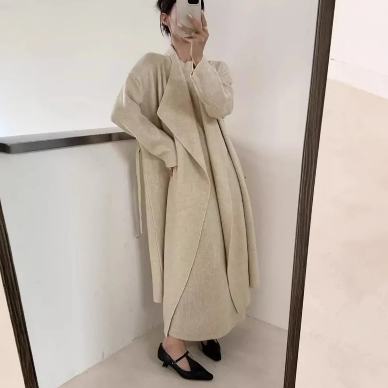 EAEOVNI 우아한 니트 2피스 세트 여성 솔리드 롱 가디건 코트 민소매 슬림 드레스 기품 있는 가을 겨울 신상 세트