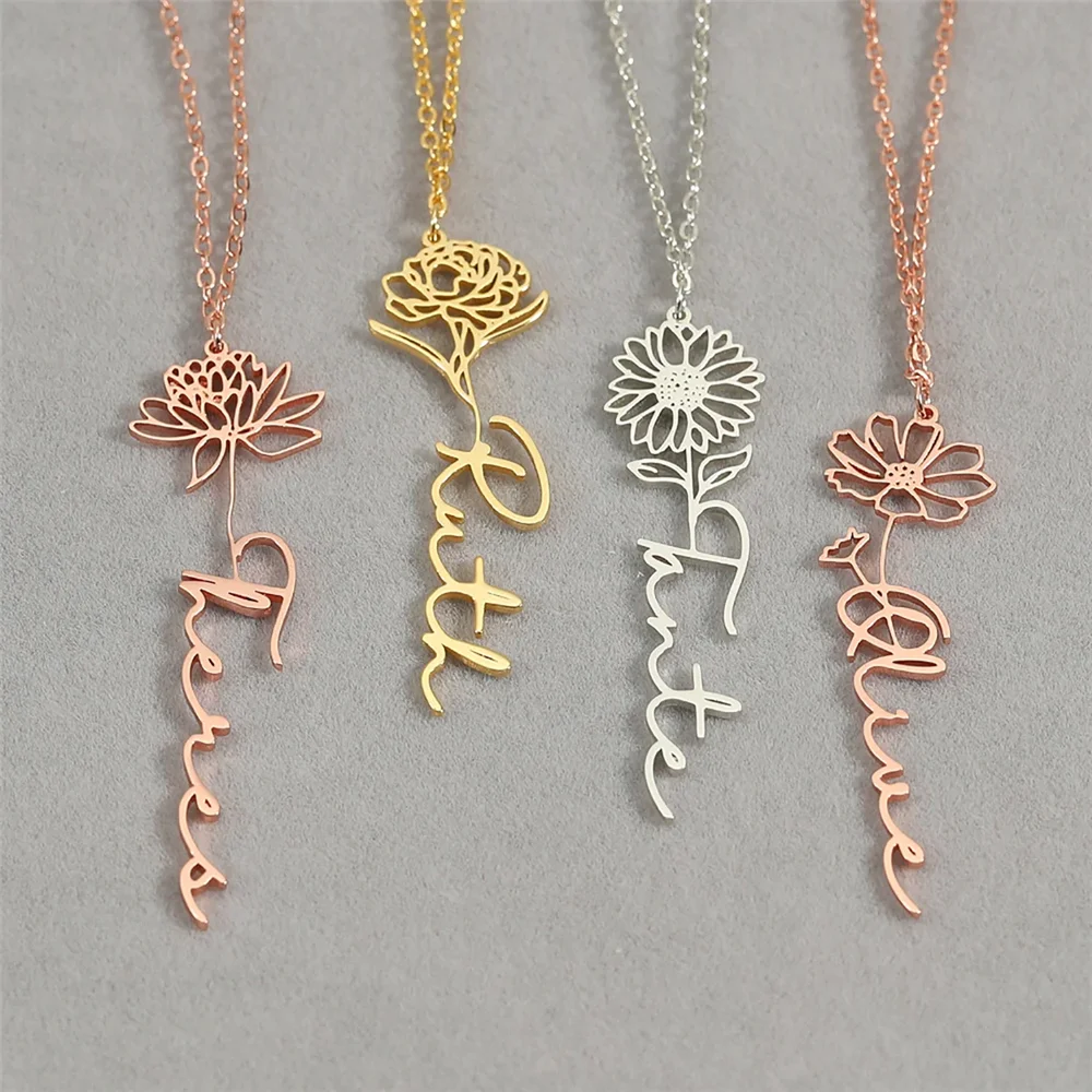 

Custom Handwriting Name Necklace with Flower Personalized Letter Nameplate Necklace Birth Month Flower Name Necklace Gift