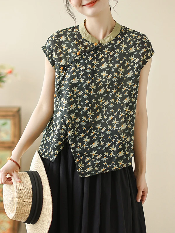 Retro chiński top damski z nadrukiem, wykonany z bawełny i lnu, idealny na lato, o regularnym kroju, ze stójką, zapinany na guziki, o luźnym kroju.