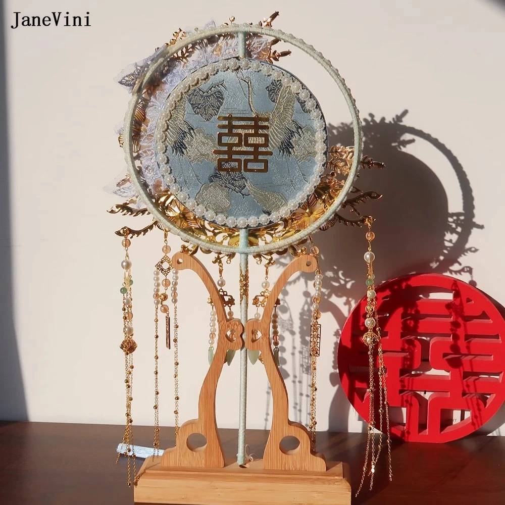 JaneVMini-Luxo Cristal Azul Chinês Buquês De Noiva, Fan Cover Face, Flores Artesanais, Metal Punho Longo, Acessórios Do Casamento