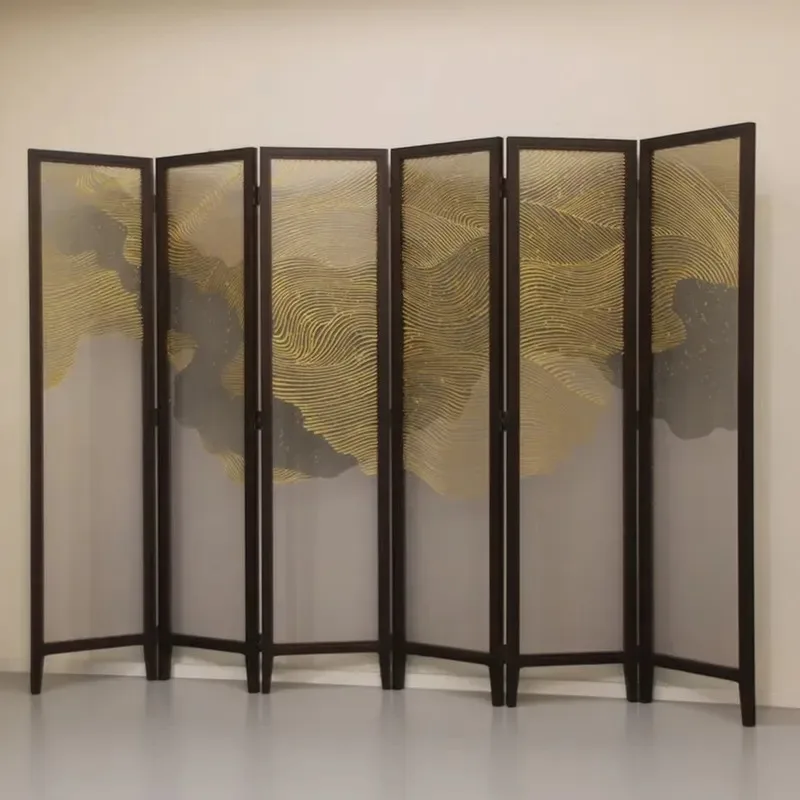 Simple Traditional Hand Painted Translucent Georgette Fabric Frameless Foldable Movable Living Room Screen Partition