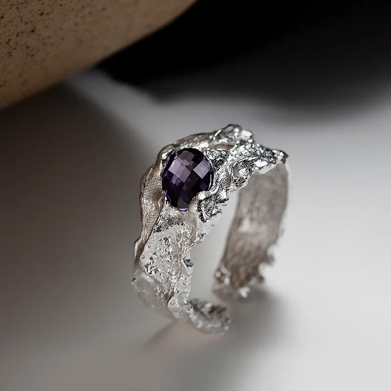 

Youth of Vigor Wide Chunky Irregular Solid 925 Silver Ring Purple Bead Alien Pattern Party Open Rings R1213