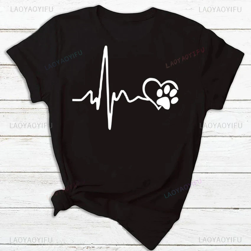 

Women T Shirt Fashion Dog Heartbeat Print T-shirt Funny 90s Print T Tee Womens Tshirt Female Black white tee Shirt Clothes Tops