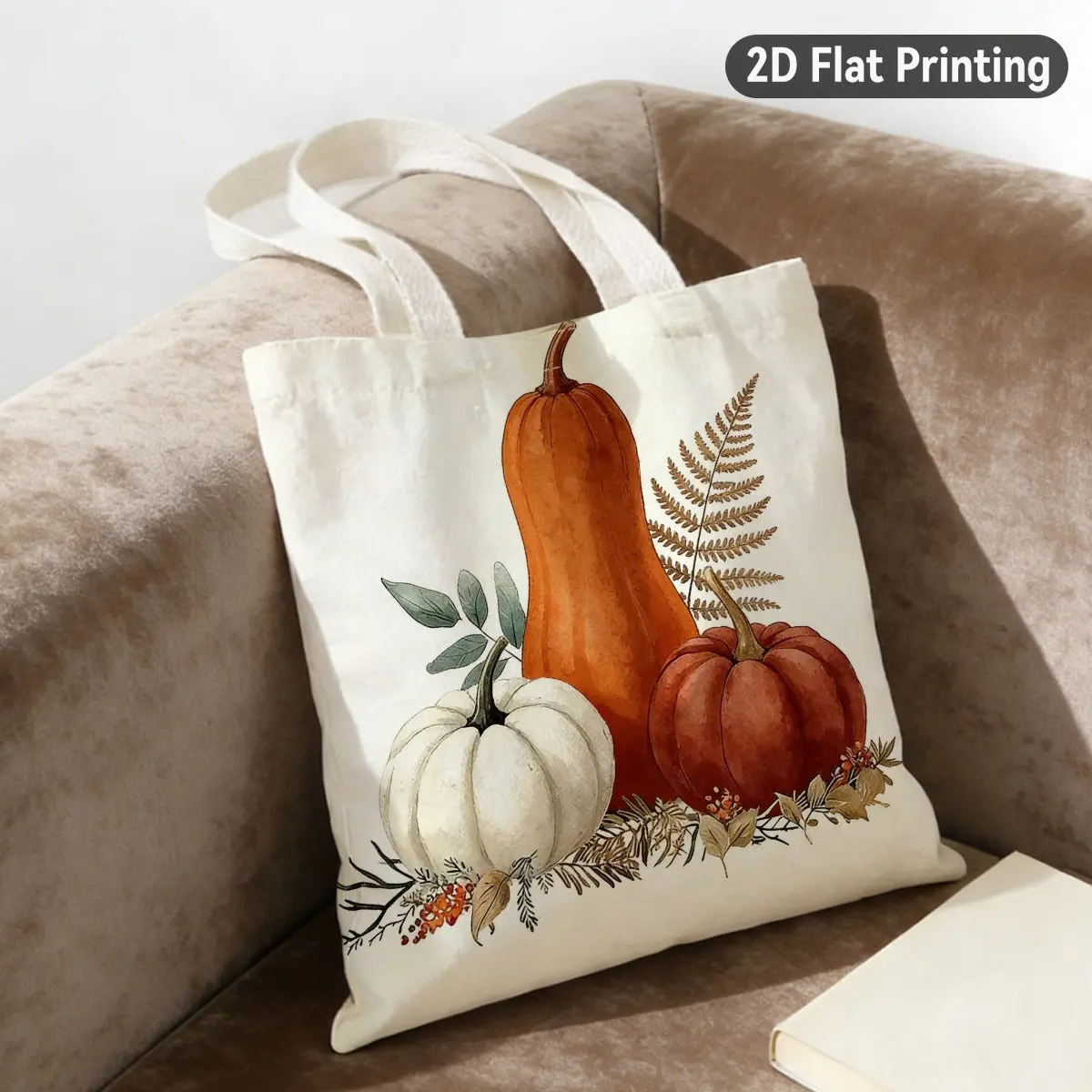 Watercolor Autumn Pumpkins Reusable Tote Bag, Duplex Prints Vibrant Fall Harvest Scene, Perfect for Grocery Shopping Bag