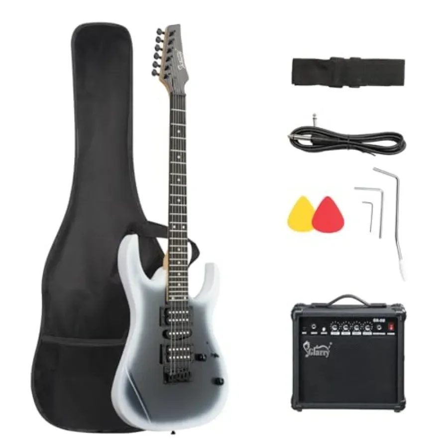Beginner electric guitar kit for practice and learning, basswood body with black-white finish, HSH pickups and 20W amp included