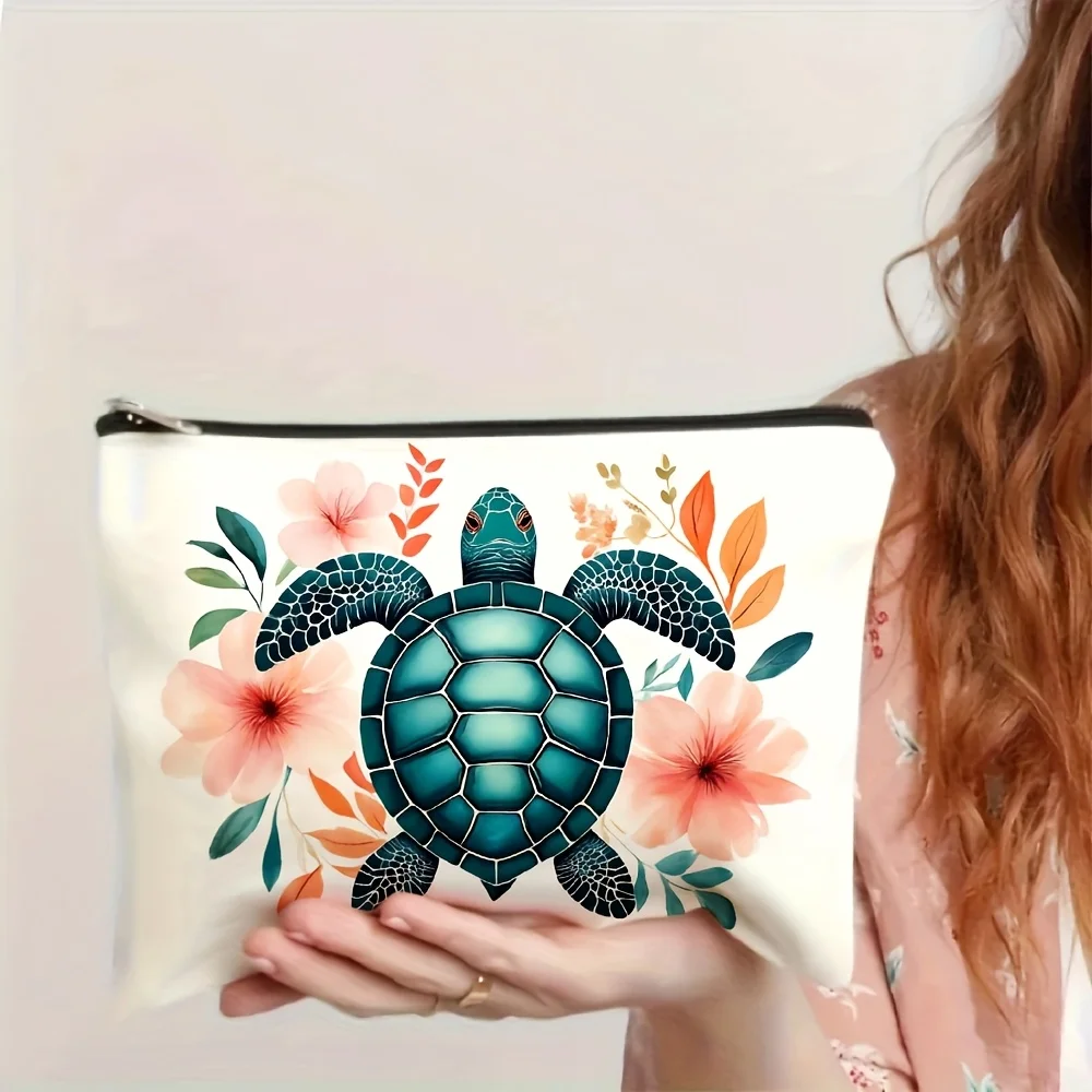 바다거북 꽃무늬 화장품 가방 - 다기능 지퍼 파우치, 보석 보관 가방,