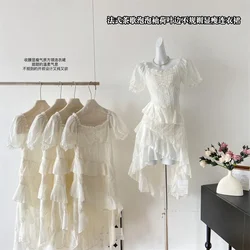 Summer Women's White A-line Dress Y2k Vintage Short Sleeve Square Collar Elegant Mini Dress Party Club One Piece Frocks Clothes