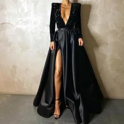 2023 New arrival fashion sequins sexy V-neck slim fit evening dress long sleeved elegant split tailing gown women clothing