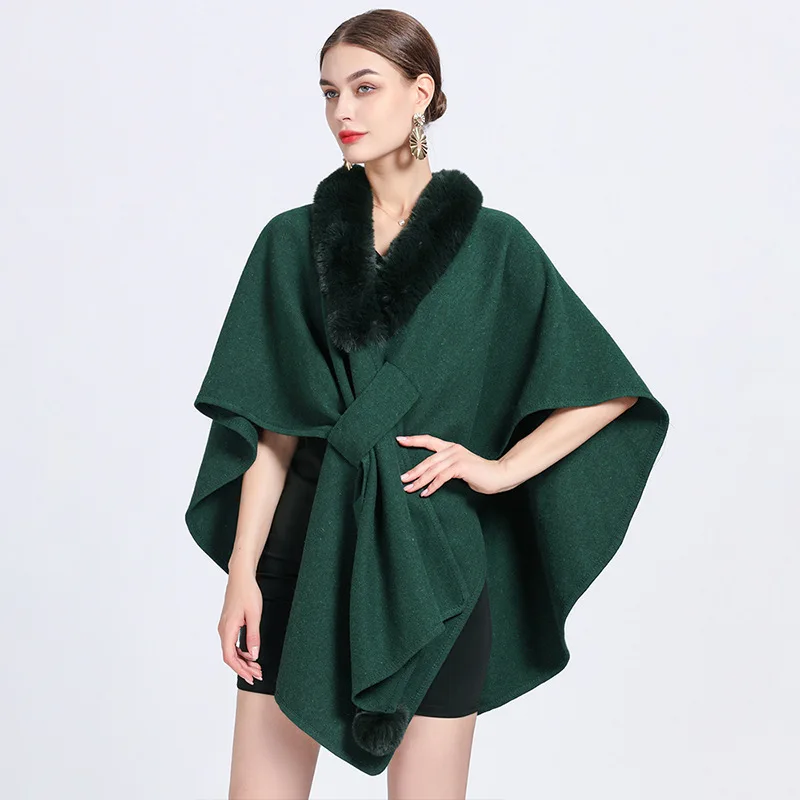 12 Colors Winter Knitted Women Faux Fur Neck Poncho Cloak Fashion Criss-Cross Outside Cape Woolen Streetwear Shawl Oversize Coat