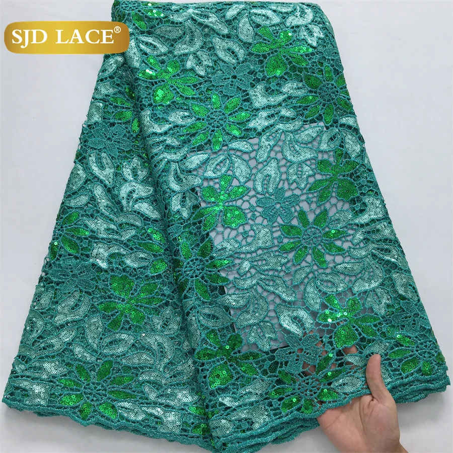 SJD LACE African Nigerian Guipure Cord Lace Fabric 2024 High Quality 5Yards Sequins Water Soluble Lace For Women Party Dress4123