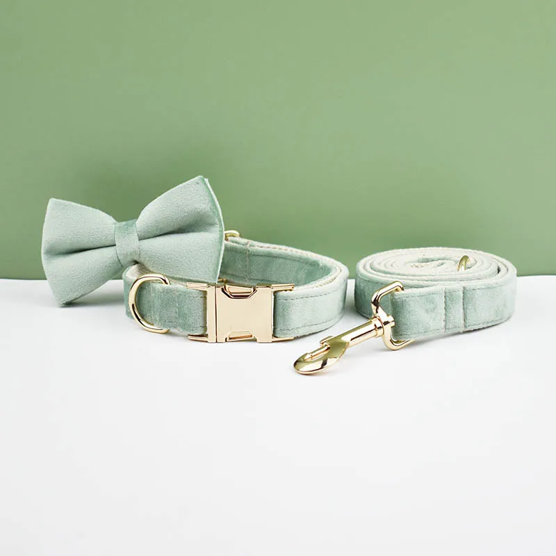 Mint Green Velvet Dog Collar And Leash Set For Dogs Custom Engraved Nameplate Pet Supplies Dog Leash Velvet 17