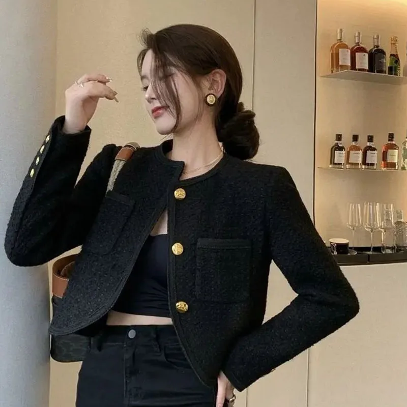 Elegant Faux Woolen Jackets Women Black Single Breasted French Chic Classy Coat Harajuku Button Office Lady Short Outwear