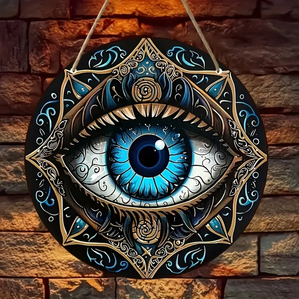 قطعة واحدة، "تصميم نمط حماية العين الشريرة على الطراز البوهيمي" لوحة زخرفية خشبية مستديرة، قائمة خشبية، باب ونافذة