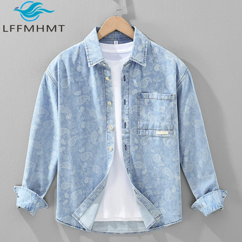

2525 Men's Print Long Sleeve Denim Shirt Spring Autumn Teenage Streetwear High-End Loose Casual Shirt Jacket Stylish Tops