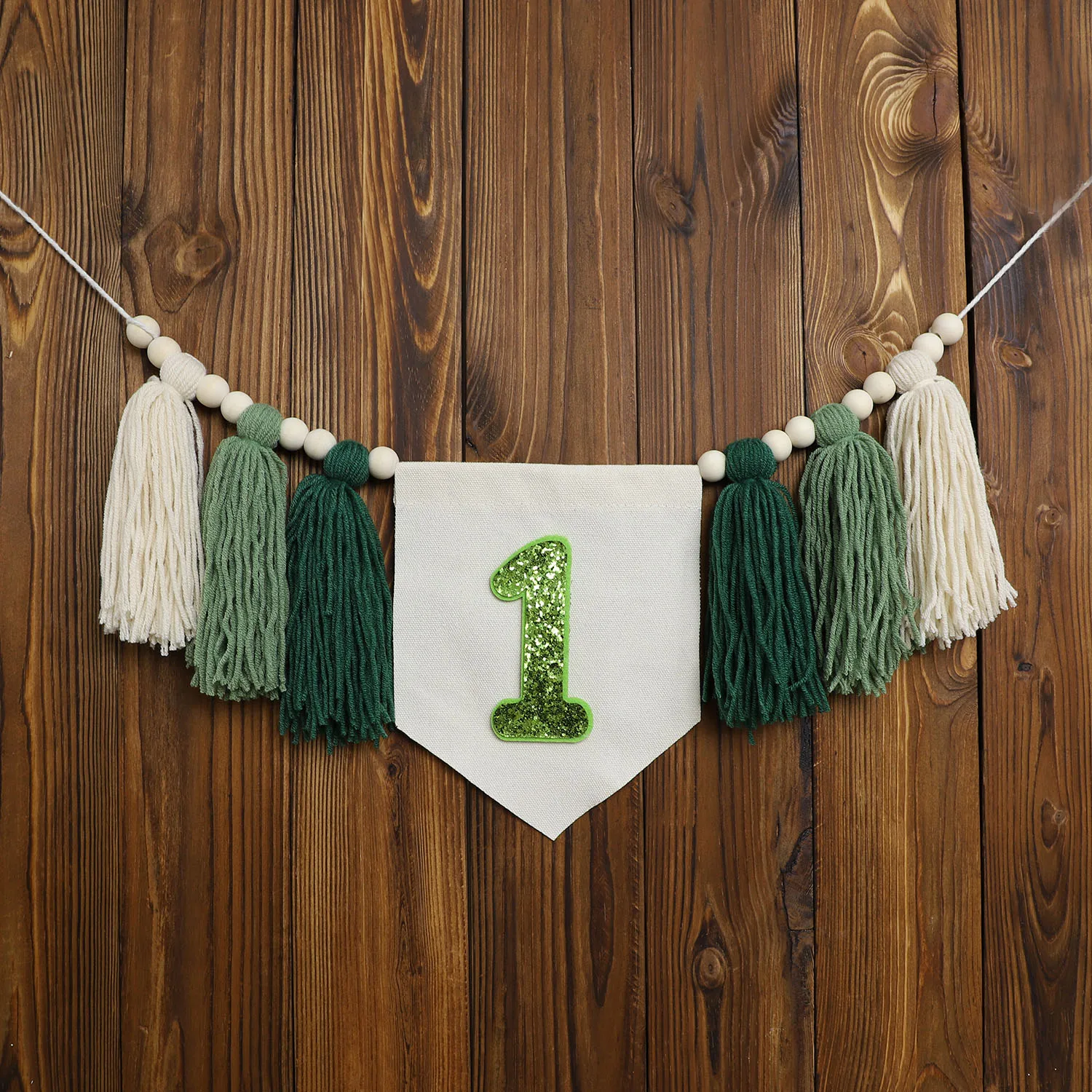 1st Birthday High Chair Banner Baby Birthday Party Green Handmade Wooden Bead Tassel Decoration Photographic Prop Holiday party
