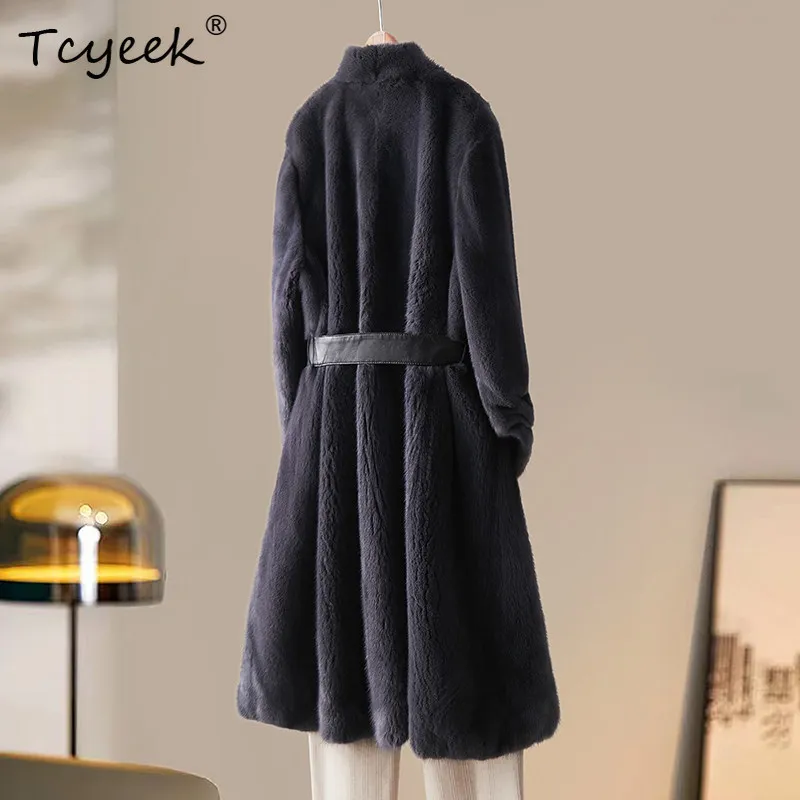 Tcyeek Natural Mink Fur Coat Women Winter Clothes Real Whole Female Mink Warm Womens Coats Mid-length Fashion Пальто Женское