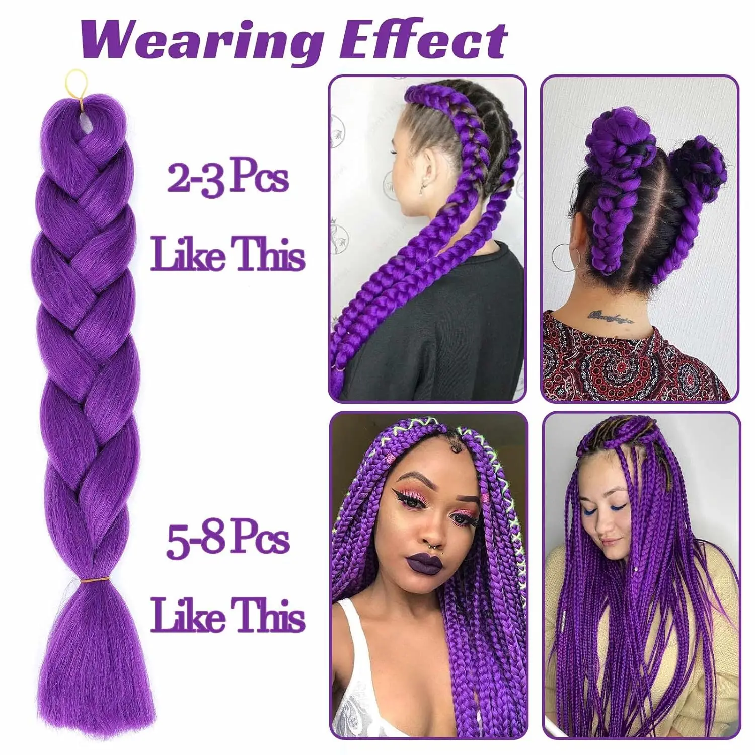 2PC Synthetic Jumbo Braiding Hair Extension 24 Inch Colorful Braid For Women Twist Box Hair Daily Party Halloween Cosplay