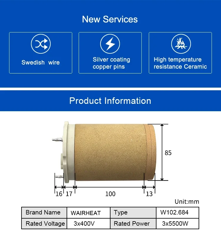 102.684 3*400V 3*5500W セラミックヒーター（熱風ヒーター用）10000S 3*400V 17KW 紙コップ製造機用