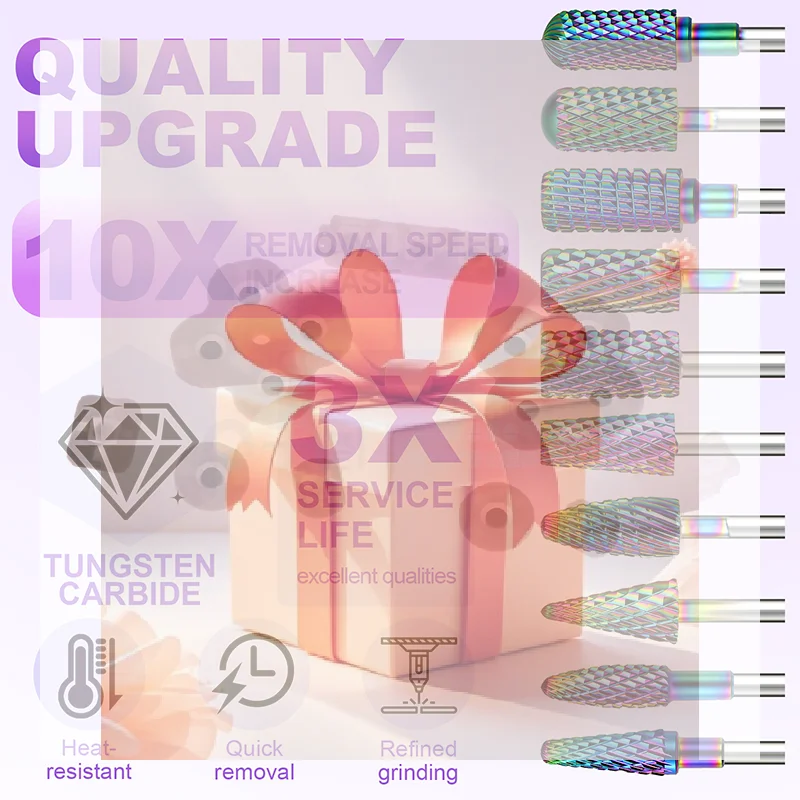 무지개빛 텅스텐 스틸 큐티클 네일 드릴 비트, 손톱 아래 각질 제거 및 네일 준비용 3/32인치 전동 네일 파일용