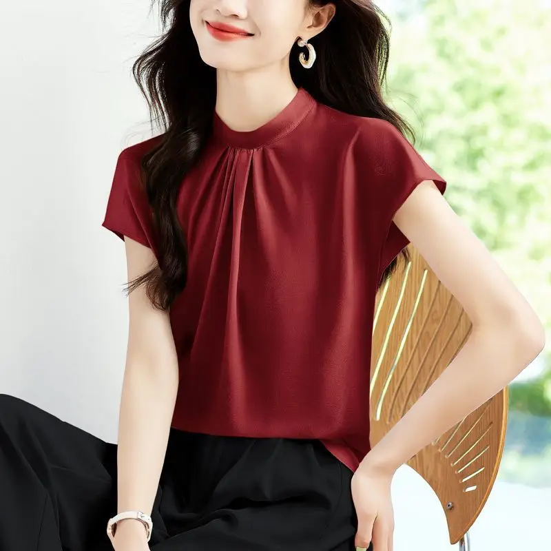 

Women Summer Simplicity Office Lady Solid Color O-neck Short Sleeve Shirts Ladies Fashion Temperament All-match Chiffon Tops
