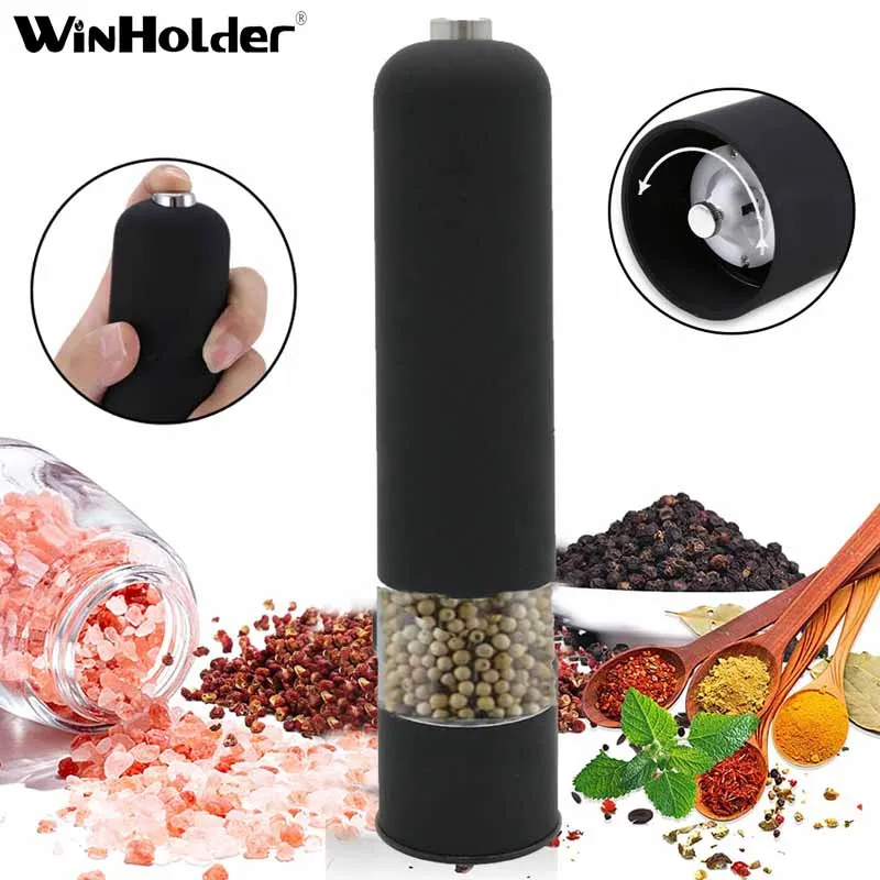 Winholder Kitchen Tool Electric Salt And Pepper Grinder Mill Spice Adjustable Coarseness with LED Light Battery Operated Black