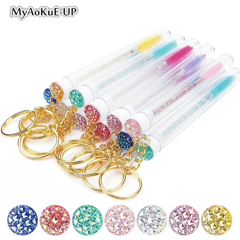 10/5Pcs Lash Brush Tube With Gold Keychain Glitter Mascara Wand For Eyelash Extension Clear Micro Comb Container Makeup Tool