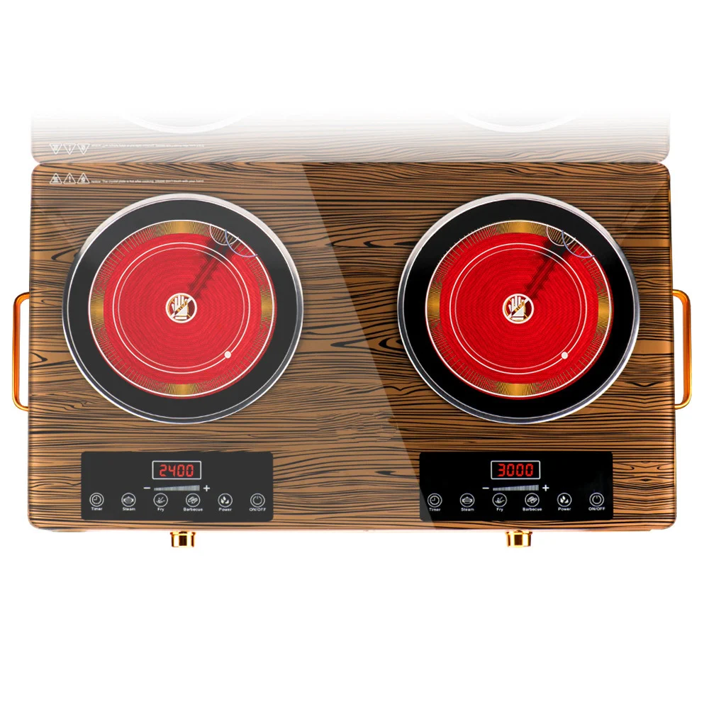 

Electric Infrared Stove Portable Double Burners Wood Design Tempered Glass Aluminum Alloy Touch Control Household Hotpot
