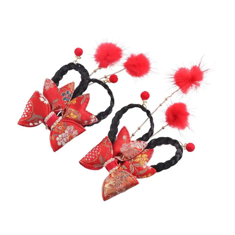 

Hanfu Headdress Red Girl Hair Accessories Flower Pearl Baby Wig Hairpin Child Hair Accessories New Year Headdress Bow Hair Clip
