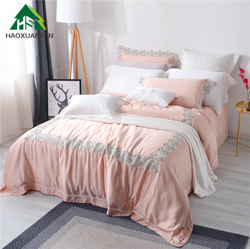 

Delicate Lace Bedding Sets Flowers Design Duvet Cover Sheets Pillowcase Super Soft 1000TC Bright Light Pink Lyocell Fabric