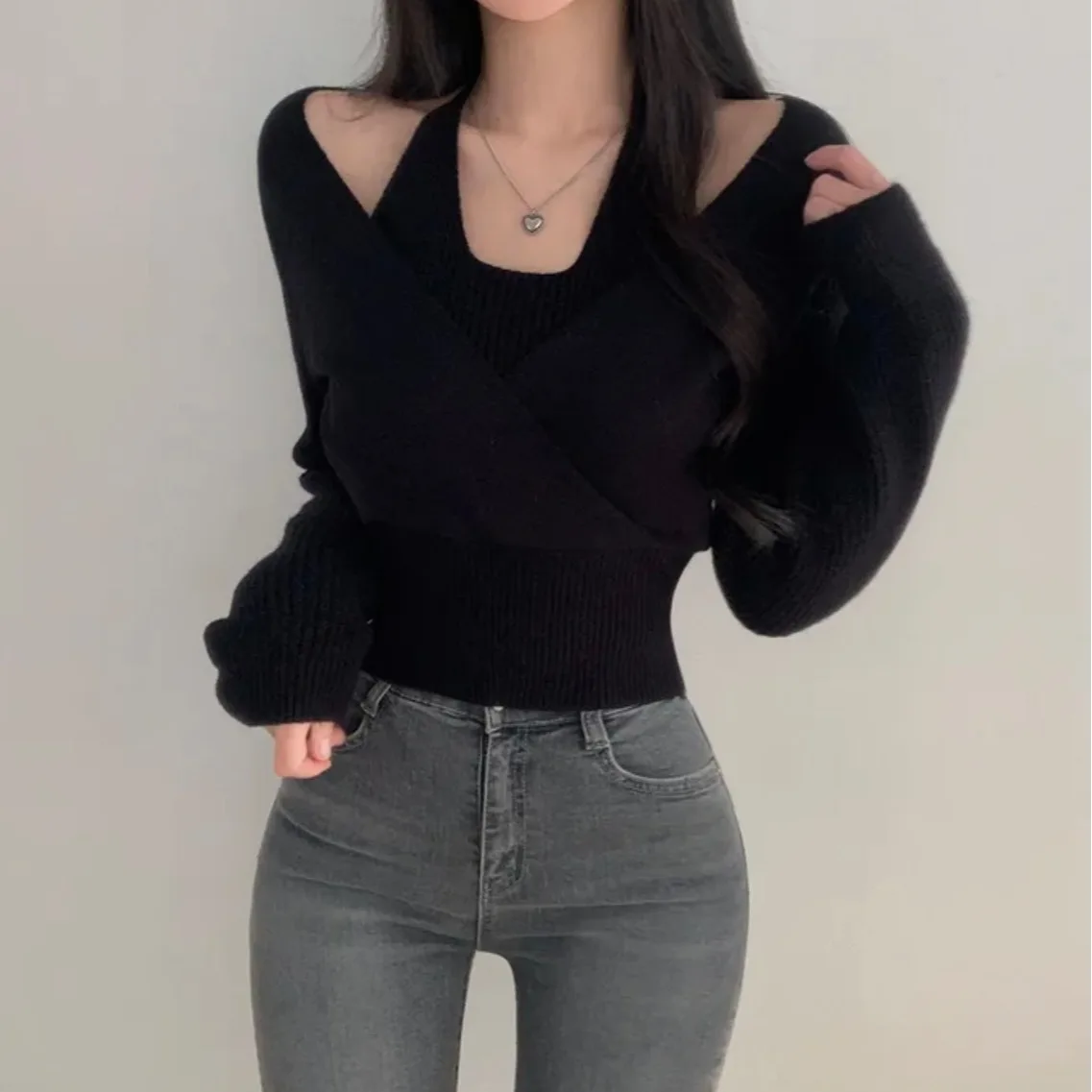 여성용 시크 디자인 니트 크로스 네 롱 스웨터 슬림 핏 이너웨어 한국 스타일 출퇴근용 슬리브 탑