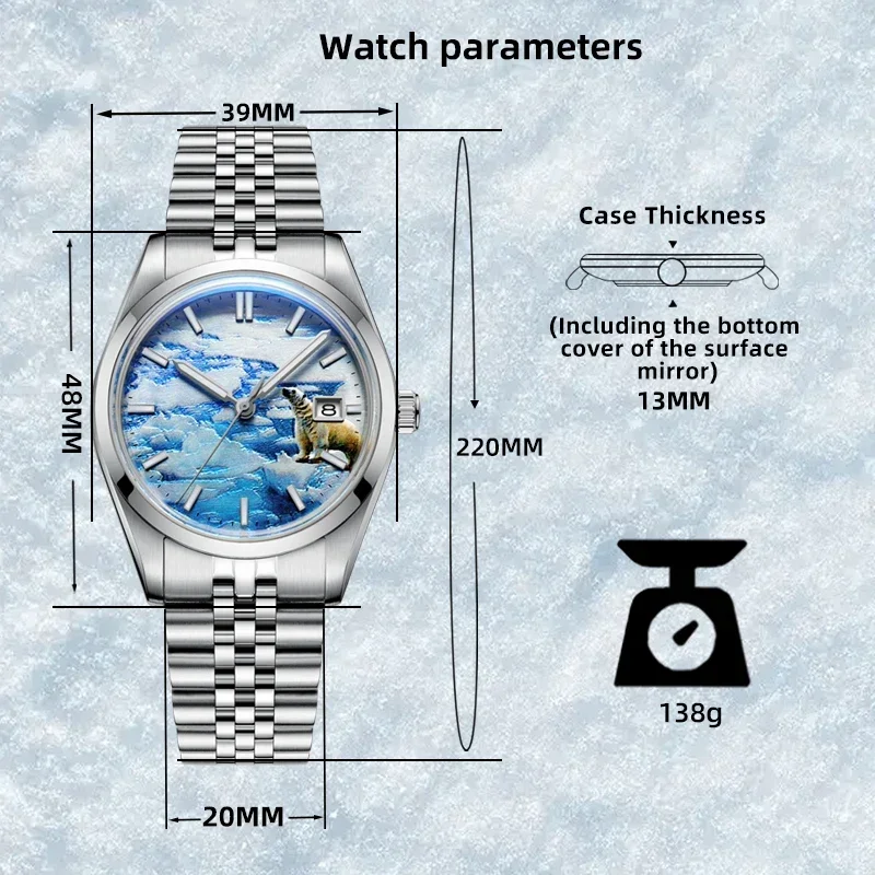 ADDIADDIESDIVE-Montre Mécanique existent en Acier Glacier 3D, Montre-Bracelet en Verre Miroir, Moteurs Super Shoous, Plongeur, 39mm, 100m