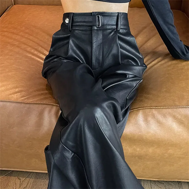 

Women's PU Leather Pants Female Autumn And Winter Long Pants High Waisted Wide leg Pants Hanging Pants Fashion Leather Trousers