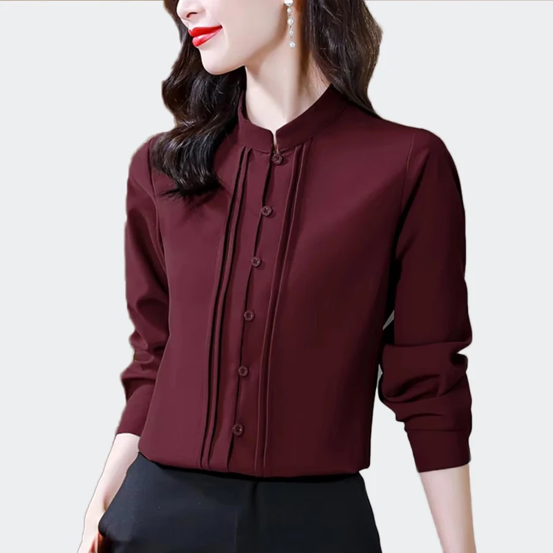 

High Quality Elegant Solid Silk Shirts Women Long Sleeve Stand Collar Simplicity Office Lady Blouses Women Tops Female Clothing