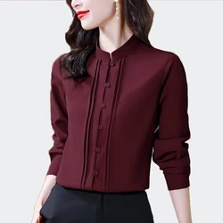 Solid Silk Shirts Women Long Sleeve Stand Collar High Quality Simplicity Office Lady Blouses Women Elegant Female Tops Clothing