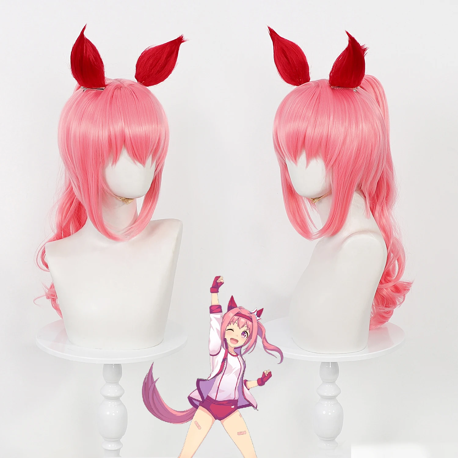 Pretty Derby Haru Urara Cosplay Wig Pink Detachable Ponytail Wig With Red Horse Ears Synthetic Wig For Anime Halloween Costume