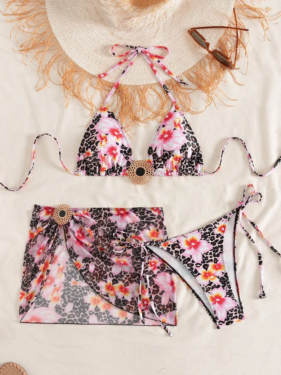 2026 Printed Halter Triangle 3 Piece Bikini Set Women Sexy Push Up Tummy Control Swimsuit with Beach Skirt Swimwear Beachwear